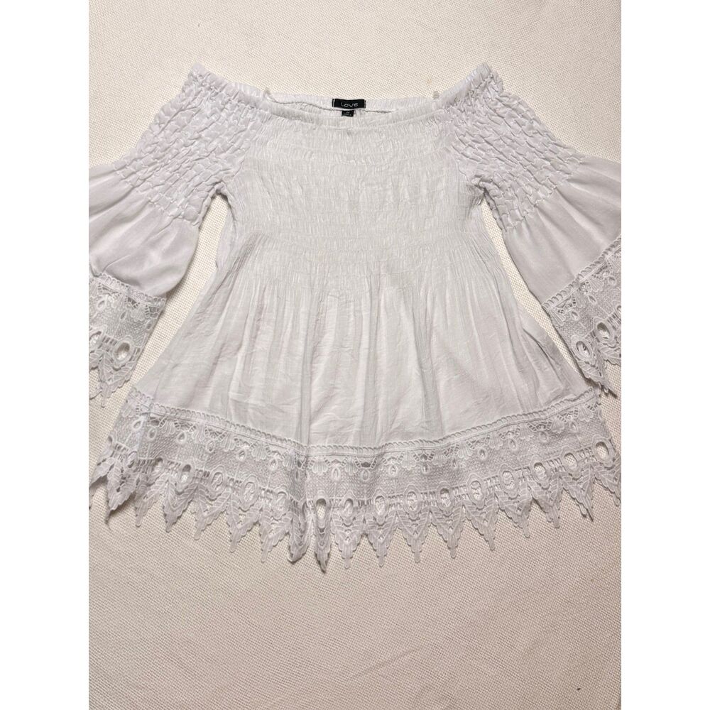 Love Women's Off-Shoulder Smocked Blouse with Lace Hem